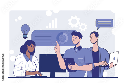 Group of office workers analyzing data together in a modern graphic style, on a light abstract background with icons, symbolizing teamwork and innovation. Vector illustration