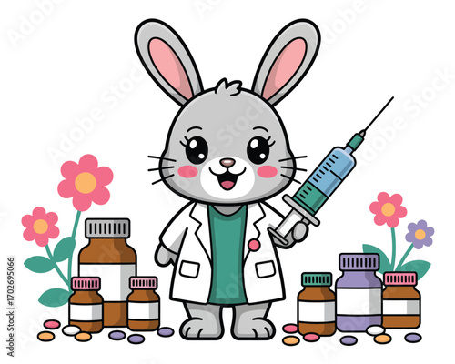 Cute cartoon rabbit doctor holding a syringe with medicine bottles and flowers