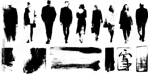 Black ink silhouette set with diy collage and torn paper elements