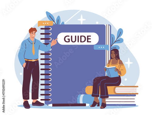 A man pointing at a large spiral-bound guidebook while a woman sits reading beside it, cartoon style on a white background. Concept of learning and instruction. Vector illustration