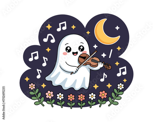 Cute ghost playing violin under the moon with musical notes and flowers