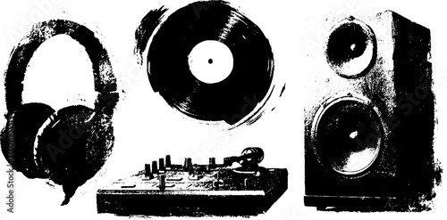 Black ink silhouette set featuring dj culture with vinyl and mixers for urban music art