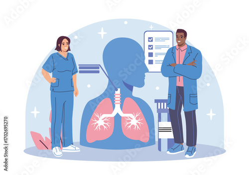Medical professionals standing near human lungs diagram, flat graphic style, on light background, concept of respiratory system and lung health. Vector illustration