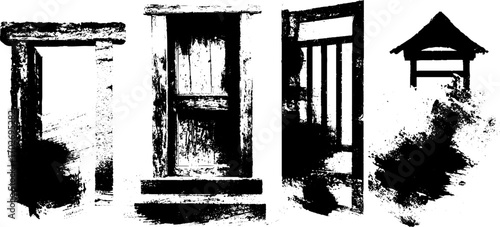 Black ink silhouette of old gates and doors for urban design and decoration