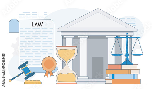 Court building with law scroll, gavel, hourglass, scales, certificate, and books in a flat style on a white background. Concept of legal system. Vector illustration