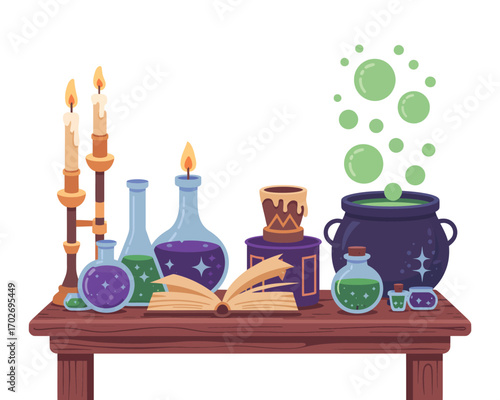 Witchcraft potion ingredients and cauldron bubbling on a wooden table