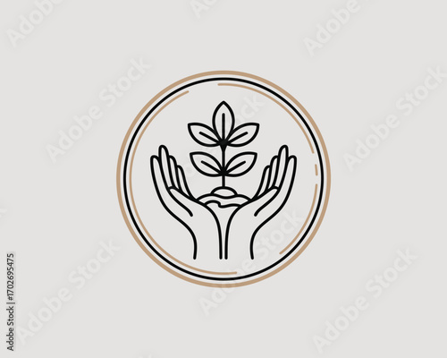 Hands gently holding a young plant seedling growing from soil