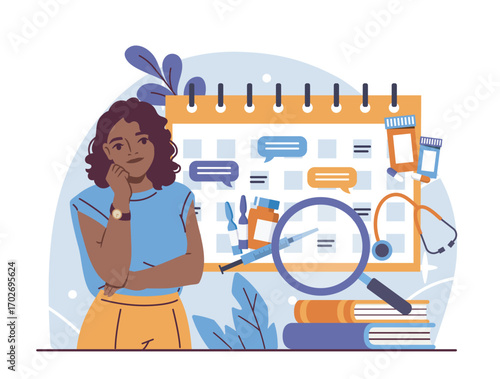 A woman stands thoughtfully in front of a large calendar surrounded by medical items like pills, stethoscope, books and a magnifying glass. Vector illustration