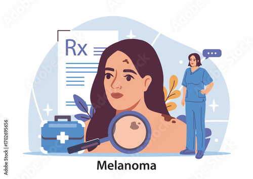 Woman with suspicious skin spots being examined under magnifying glass, with a doctor, medical kit, and prescription in background. Dermatology awareness. Vector illustration