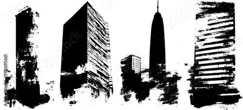 Dystopian cityscape silhouette in black ink with grunge elements