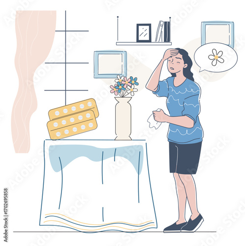 Woman standing indoors with pollen allergy symptoms, holding a tissue with medicine and flowers on table, flat style on white background. Concept of allergies. Vector illustration