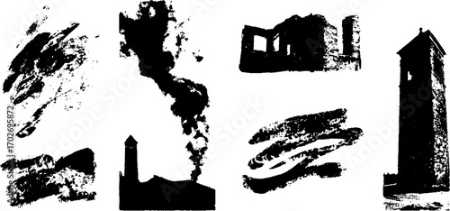 Black ink silhouettes of dystopian landscapes for urban art and design