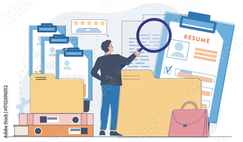 Male recruiter analyzing resumes with magnifying glass, surrounded by folders, CVs, office supplies on abstract background. Concept of recruitment. Vector illustration
