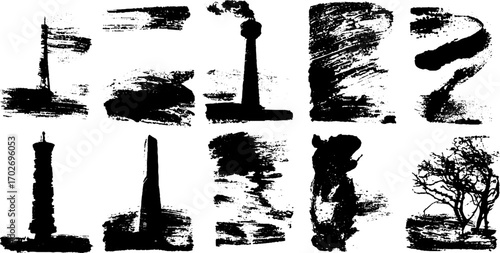 Black ink silhouette set featuring dystopian landscapes for art design and conceptual projects