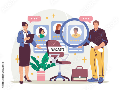 HR professionals analyzing candidate profiles on screens with a vacant chair in front, flat style, white background. Concept of hiring and recruitment. Vector illustration
