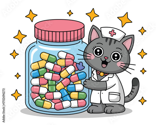 Cute cartoon cat wearing a nurse uniform with a bottle full of colorful pills