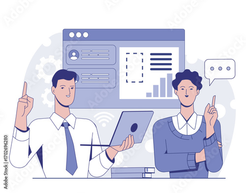 Two colleagues discussing data using a tablet, with charts and profile UI in background, modern flat style on white backdrop. Concept of business teamwork. Vector illustration