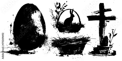 Easter symbols: black ink silhouettes of eggs, hare, basket, and cross