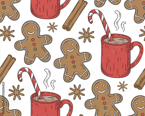 Cozy christmas pattern with gingerbread men hot chocolate and cinnamon sticks