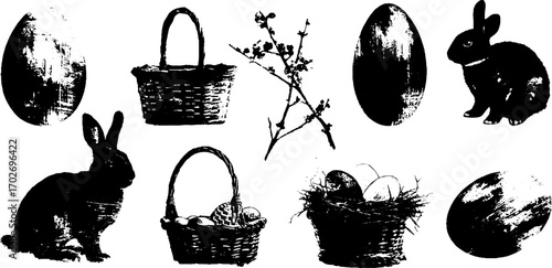 Black ink silhouette set featuring easter eggs, hares, and baskets for holiday decoration