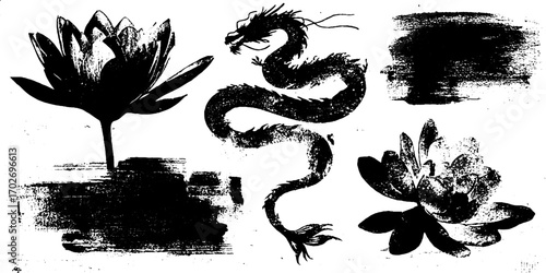 Eastern mysticism silhouettes: black ink lotus and dragon set