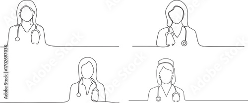 Set of Woman doctor one continuous line art, Vector illustration, One line art, Line art graphic style