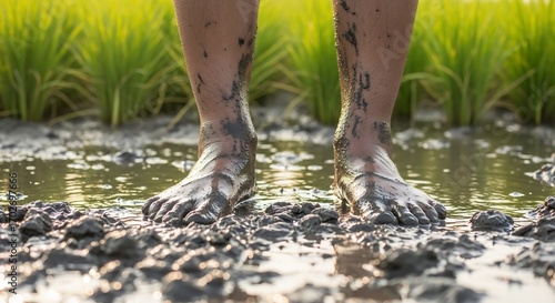 Muddy bare feet standing in a wet rice paddy field during planting season, showcasing agricultural lifestyle.