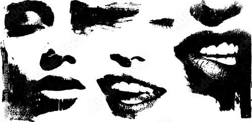 Expressive black ink silhouettes of facial features for creative design