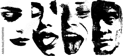 Black ink silhouette set of expressive faces in grunge style for urban art design