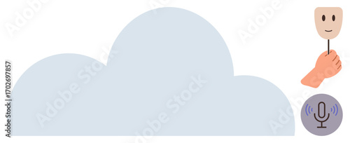 Cloud in soft tones, human mask held in hand, and microphone icon. Ideal for concepts thumbs up privacy, identity, cloud technology, data security, anonymity digital communication and trust. A