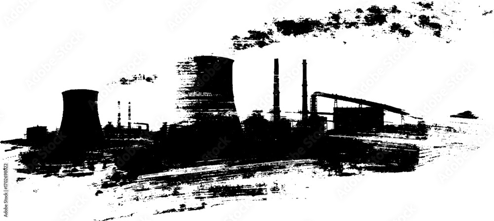 Obraz premium Industrial silhouette scene of factories and pipes in urban grunge style