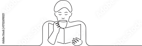 people reading book and eating tea one continuous line art, Vector illustration, One line art, Line art graphic style