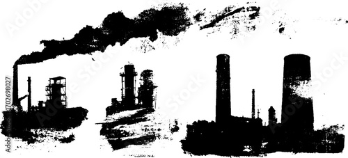 Industrial factories ink silhouette set with smoke and pipes for urban design
