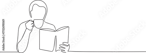people reading book and eating tea one continuous line art, Vector illustration, One line art, Line art graphic style