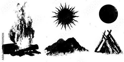 Black ink silhouette set: festival scenes with campfire, sun, and bonfire elements