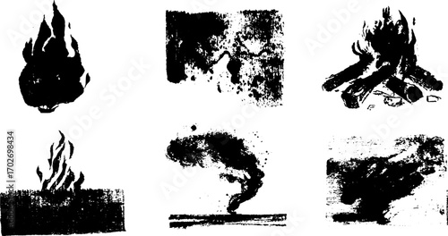 Black ink silhouettes of fire elements for creative design projects