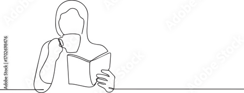 people reading book and eating tea one continuous line art, Vector illustration, One line art, Line art graphic style