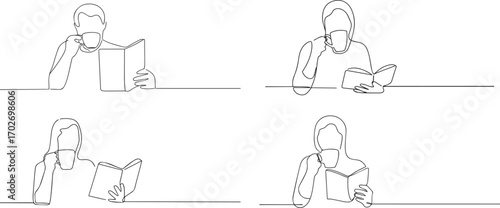 Set of people reading book and eating tea one continuous line art, Vector illustration, One line art, Line art graphic style
