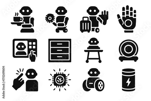 Interface household tablet robot container core smart wheels screen mobility vector icon