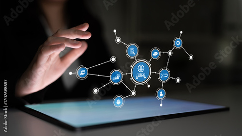 Fotografija This image showcases a futuristic technology interface highlighting dynamic data visualization and user engagement, ideal for illustrating modern business solutions