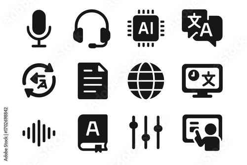 Interactive display translator globe dictionary bubble speech screen ai conversation headset vector