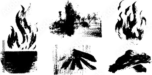 Set of black ink silhouettes featuring fire flames and bonfires for artistic design