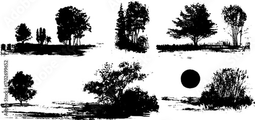 Black ink silhouette set of forest landscapes with trees and sun