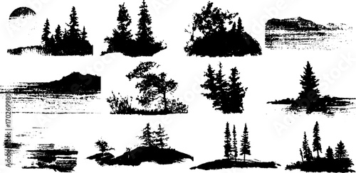 Black ink silhouette set of forest landscapes in nature scenes for artistic design