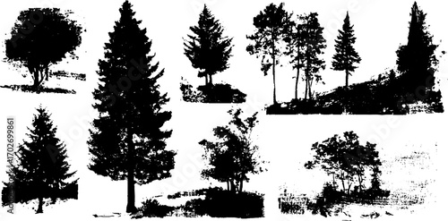 Black ink silhouette collection of forest tree landscapes for nature and design