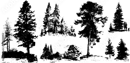 Black ink silhouette of forest landscapes featuring diverse trees