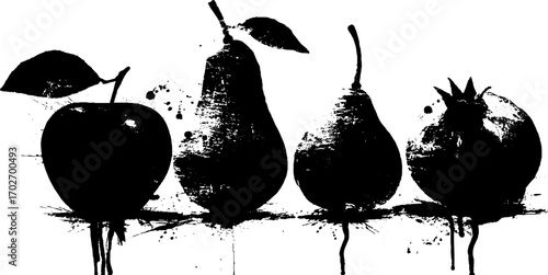 Black ink silhouette of fruit set featuring apple, pear, and more for creative designs