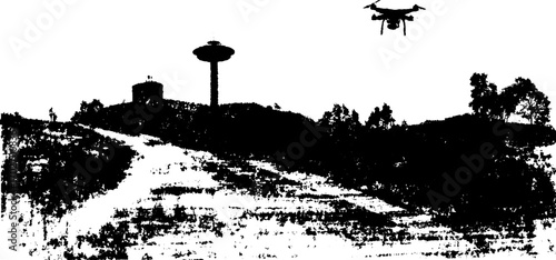 Futuristic landscape silhouette with drone and observation tower
