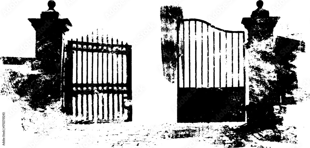 Obraz premium Black ink silhouette of rustic gates and doors for urban design