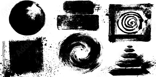 Black ink silhouette set with geometric shapes and grunge textures for design and decor